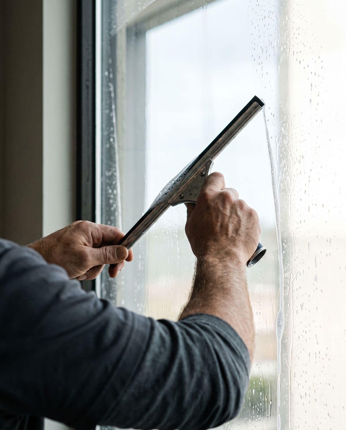 A hard rubber squeegee drawn across glass, driving a bead of solution ahead of it, the film behind already flat and optically clear