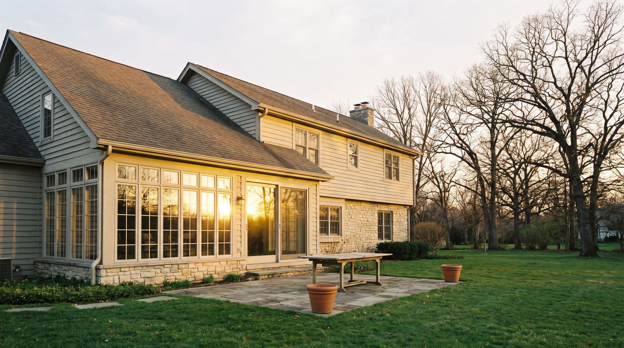 The rear elevation of a Midwest home in low afternoon sun, a wall of glazing running the width of the living space