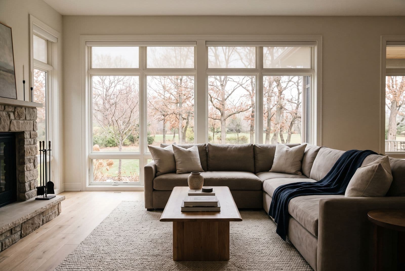 A bright living room in the afternoon with film on the windows: the garden outside is still clearly visible, the light across the floor is even, and there is no glare