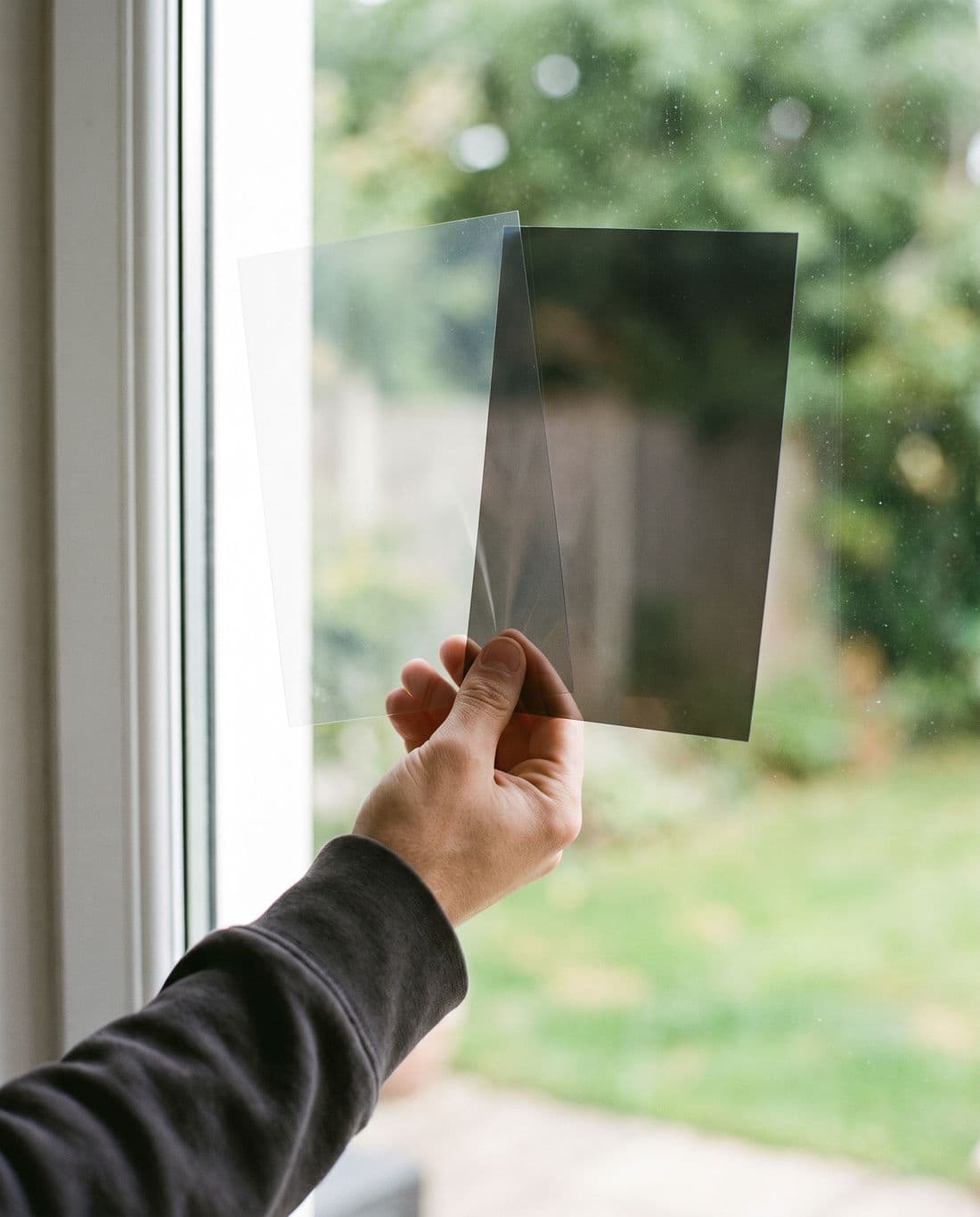 A hand holding two window film swatches side by side against a bright window, the lighter and darker options compared through the same view at the same moment