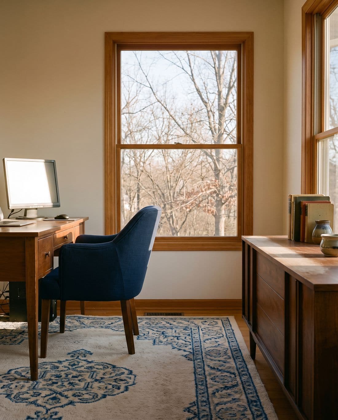 A home office where a monitor faces a window and takes reflection, while beside it afternoon sun falls across a wool rug and a walnut sideboard